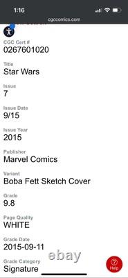 Star Wars #7 CGC 9.8 SS Signed Boba Fett By Tyler Christopher AFV Sketch Cover